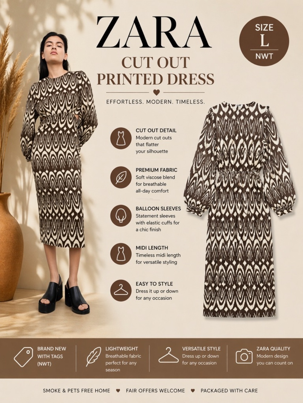 ZARA Brown Cream Cut Out Printed Midi Dress NWT Size L Puff Sleeve Viscose Blend